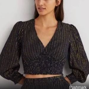 🏷️NWT Boden Navy & Gold Striped Smocked Crop Top - Size Large